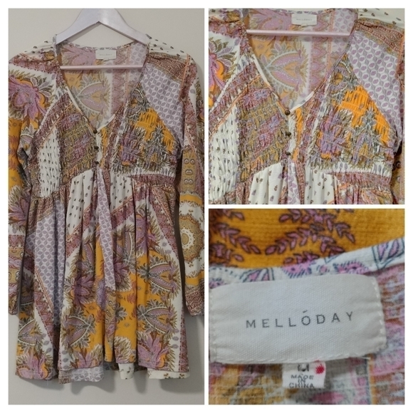 Melloday Sz Medium Long Sleeves Smocked V Neckline Dress Top Mix Pattern - Picture 1 of 7